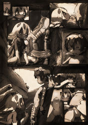  1boy 1girl absurdres against_wall animal_ears cave child_on_child closed_eyes clothes_pull comic commission diathorn erection extra_arms faputa fellatio flat_chest foreskin hetero highres licking licking_finger licking_penis loli made_in_abyss mechanical_arms mechanical_legs moaning monochrome monster_girl navel nude open_mouth oral pants pants_pull penis phimosis precum regu_(made_in_abyss) short_hair shota silent_comic single_mechanical_arm small_penis testicles tongue topless  rating:Explicit score:171 user:danbooru