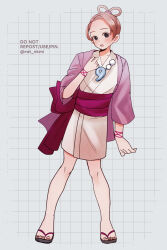  1girl ace_attorney black_eyes blush brown_hair full_body grey_background grid_background hair_rings highres japanese_clothes jewelry kimono looking_at_viewer magatama magatama_necklace necklace open_mouth pearl_fey rat_nkmi sandals short_hair solo teeth toenails twitter_username upper_teeth_only 
