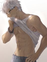  1boy abs archer_(fate) archer_(summer_casual)_(fate) bare_pectorals bracelet clothes_lift commentary_request covering_own_mouth dark-skinned_male dark_skin denim fate/stay_night fate_(series) from_side glasses gradient_background grey_background grey_hair hand_up highres jeans jewelry male_focus mondi_hl navel nipples pants pectorals shirt_lift short_hair solo tank_top white_tank_top  rating:Sensitive score:20 user:danbooru