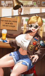  1girl 1other absurdres alcohol aviator_sunglasses bar_(place) bar_stool beer bell blonde_hair blue_eyes blush bomber_jacket breasts brown_jacket cellphone cleavage collarbone commentary covered_erect_nipples cropped_shirt english_commentary english_text engrish_commentary eyes_visible_through_eyewear fang fingernails glass highres hitch_(perotoss) holding holding_phone huge_breasts indoors jacket large_breasts long_sleeves navel open_clothes open_jacket open_mouth original paid_reward_available parody phone scene_reference shirt short_hair short_shorts shorts sitting solo solo_focus stomach stool sunglasses top_gun:_maverick white_shirt 