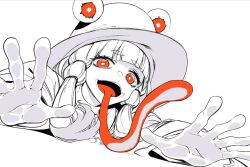  1girl hat limited_palette long_sleeves long_tongue looking_at_viewer lying moriya_suwako on_stomach open_mouth outstretched_arms red_eyes shirt short_hair short_hair_with_long_locks simple_background smile snake standing tongue tongue_out touhou very_long_tongue white_background white_shirt white_sleeves wide_sleeves zounose 