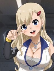  1girl blonde_hair blue_eyes breasts cleavage colorized detached_sleeves earrings eden&#039;s_zero gaston18 jewelry large_breasts long_hair mashima_hiro necklace open_mouth rebecca_bluegarden smile 