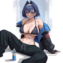  1girl alternate_costume bare_shoulders black_bra black_gloves black_jacket blue_eyes blue_hair bottle bra breasts collarbone drawstring fingerless_gloves gloves grin hair_intakes hairband highres hololive hololive_english jacket large_breasts navel off_shoulder open_clothes open_jacket ouro_kronii pants seventeencrows short_hair sitting smile solo spread_legs stomach strap_gap sweat track_pants underwear v-shaped_eyebrows virtual_youtuber water_bottle when_you_see_it white_hairband  rating:Sensitive score:43 user:danbooru