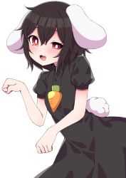  1girl :3 animal_ears black_dress black_hair blush bright_pupils carrot_necklace commentary_request dress fang highres inaba_tewi looking_at_viewer necklace open_mouth paw_pose puffy_short_sleeves puffy_sleeves rabbit_ears rabbit_girl rabbit_tail red_eyes short_hair short_sleeves simple_background smile solo tail touhou tsukimirin uneven_eyes white_background  rating:Sensitive score:13 user:danbooru