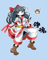  1girl ainu_clothes bird blue_eyes blue_hair bow breasts closed_mouth fighting_stance hair_bow hair_ribbon hairband hawk highres holding holding_sword holding_weapon japanese_text kodachi long_hair looking_at_viewer mamahaha medium_breasts nakoruru red_bow red_hairband ribbon samurai_spirits short_sword sideboob snk solo sweat sword the_king_of_fighters translation_request upper_body weapon 