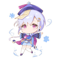 1girl bandaged_leg bandages braid cape chibi chinese_clothes coin_hair_ornament commentary_request earrings full_body genshin_impact hair_between_eyes hair_ornament hat highres jewelry jiangshi long_hair long_sleeves looking_at_viewer low_ponytail ofuda orb outstretched_arms purple_eyes purple_hair qingdai_guanmao qiqi_(genshin_impact) shoes shorts sidelocks simple_background single_braid solo spread_arms standing standing_on_one_leg thighhighs white_thighhighs yin_yang yin_yang_orb yuetsu zen
