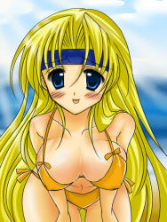  1990s_(style) 1girl :p asukasunao bare_shoulders bent_over bikini blonde_hair blue_eyes blush breasts celes_chere cleavage covered_erect_nipples female_focus final_fantasy final_fantasy_vi headband long_hair outdoors sky solo swimsuit tongue tongue_out 