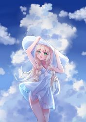1girl :d artist_name bare_legs blonde_hair blue_sky braid breasts cloud cloudy_sky collarbone commentary creatures_(company) dress english_commentary game_freak green_eyes hat highres lacieon lillie_(pokemon) long_hair looking_at_viewer nintendo no_panties open_mouth outdoors pokemon pokemon_sm see-through see-through_dress signature sky small_breasts smile solo sun_hat sundress sunlight twin_braids white_dress white_hat