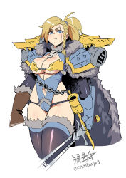  1girl adeptus_astartes animal_skull armor axe blonde_hair blue_eyes boobplate braid breastplate breasts cape chain chain_necklace cleavage_cutout closed_mouth clothing_cutout commentary cup english_commentary fang fang_out full_armor full_body fur_cape fur_trim gauntlets genderswap genderswap_(mtf) hair_pulled_back highres hip_vent holding jewelry large_breasts leman_russ long_hair looking_at_viewer mjalnar navel navel_cutout necklace pauldrons pelt pendant ponytail power_armor primarch ryuusei_(mark_ii) scar scar_across_eye scar_on_face shoulder_armor side_braids solo space_wolves spiked_armor sword tankard thighhighs warhammer_40k weapon white_background wide_hips 