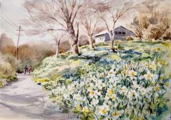  1boy 1girl akemisuisai daffodil day flower forest grass grey_sky highres hill nature original painting_(medium) path power_lines road shadow sky sunlight traditional_media tree utility_pole watercolor_(medium) white_flower 