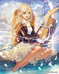  1girl :d animal architecture bad_id bad_pixiv_id barefoot bird blonde_hair blue_eyes blue_sky building cloak day dragon&#039;s_shadow feet floating_island flying frills harp hood hooded_cloak instrument long_sleeves looking_at_viewer music official_art open_mouth pillar playing_instrument sitting skirt sky smile soaking_feet solo teeth uniform water white_skirt wind yna  rating:Sensitive score:7 user:danbooru