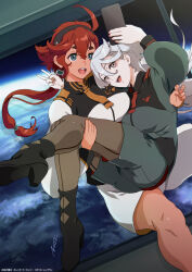  2girls :d ahoge argyle argyle_clothes argyle_cutout argyle_legwear asticassia_school_uniform back-seamed_legwear black_footwear black_hairband blue_eyes boots carrying carrying_person cellphone clothing_cutout commission earth_(planet) floating front-seamed_legwear gundam gundam_suisei_no_majo hair_between_eyes hair_tubes hairband high_heel_boots high_heels highres holding low_ponytail low_twintails miorine_rembran multiple_girls necktie nolia open_mouth pantyhose phone pixiv_commission planet princess_carry red_hair red_necktie school_uniform seamed_legwear selfie short_shorts shorts signature smartphone smile suletta_mercury teeth twintails upper_teeth_only v white_eyes window yellow_necktie 