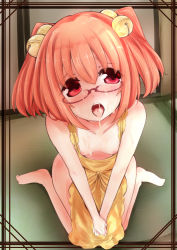  1girl apron barefoot bell breasts cum cum_in_mouth cum_on_body cum_on_breasts cum_on_upper_body facial glasses hair_bell hair_ornament highres indoors izumi_yuuji_(trace_kouhosei) jingle_bell motoori_kosuzu naked_apron nipples open_mouth red-framed_eyewear red_eyes red_hair small_breasts solo tareme tongue touhou two_side_up v 