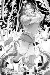  1boy armor arms_up artist_name blush boots bound bound_wrists bracer commentary_request dungeon_meshi entangled full_body greyscale highres j4hn laios_touden looking_at_viewer male_focus monochrome open_mouth outdoors pants pauldrons plant poleyn short_hair shoulder_armor tearing_up tentacles twitter_username undercut very_short_hair vines 