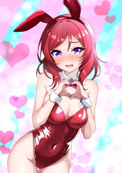  1girl absurdres animal_ears bare_legs bare_shoulders blush breasts character_name cleavage contrapposto covered_navel dated detached_collar fake_animal_ears furrowed_brow groin heart heart_hands highres leotard looking_at_viewer love_live! love_live!_school_idol_project medium_breasts medium_hair nishikino_maki open_mouth playboy_bunny purple_eyes rabbit_ears red_hair red_leotard sidelocks solo standing strapless strapless_leotard uma_(uma_mohumohu) upper_body wrist_cuffs 