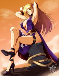  1girl absurdres armpits arms_behind_head blonde_hair blush breasts cleavage commentary covered_erect_nipples danmakuman dated dress english_commentary fatal_fury garou:_mark_of_the_wolves high_heels highres jenet_behrn large_breasts pier purple_dress signature sitting sky solo thighlet yellow_sky 