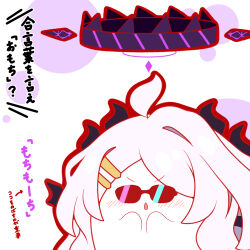  ahoge arrow_(symbol) black_wings blue_archive blush chestnut_mouth chibi grey_hair hair_ornament hairclip halo hands_up highres hina_(blue_archive) horns kurukurumagical long_hair outline parted_bangs parted_lips red_outline simple_background single_hair_intake solo sunglasses translation_request upper_body v-shaped_eyebrows very_long_hair white_background wings 