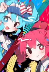  2girls black_necktie blue_hat bow commentary distress_hand_signal drill_hair gloves hair_bow hand_up hat hatsune_miku highres kasane_teto long_hair looking_at_viewer mesmerizer_(vocaloid) mochimoti0528 multiple_girls necktie open_mouth pink_eyes pink_hair pink_hat pinstripe_hat shirt single_empty_eye smile sparkling_eyes striped_bow striped_clothes striped_shirt twin_drills twintails upper_body utau very_long_hair visor_cap vocaloid yellow_gloves 