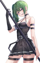  1girl arm_strap belt black_belt black_skirt breasts collarbone gloves green_hair highres holding holding_polearm holding_weapon looking_at_viewer medium_breasts miniskirt parted_lips pleated_skirt polearm purple_eyes side_ponytail simple_background single_glove skirt solo sousou_no_frieren strap_gap suspenders thigh_strap tongue tongue_out ubel_(sousou_no_frieren) uyufuzi_s weapon white_background 