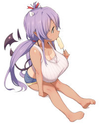 1girl alternate_breast_size barefoot breasts cleavage crop_top demon_tail feet food horns huge_breasts midriff pointy_ears popsicle purple_eyes purple_hair sengoku_collection shiny_skin shirt short_shorts shorts sitting solo tail tan tanline taut_clothes taut_shirt tenchisouha toe_scrunch toes tsukahara_bokuden_(sengoku_collection) twintails wings rating:Questionable score:78 user:danbooru