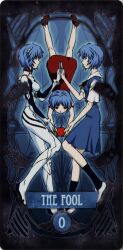  3girls aged_down apple artist_request ayanami_rei black_socks blue_dress blue_hair blue_theme bodysuit breasts card_(medium) child clone dress eye_contact food fruit highres holding holding_food holding_fruit holding_hands interface_headset looking_at_another medium_breasts multiple_girls multiple_persona neon_genesis_evangelion non-web_source plugsuit red_dress red_eyes red_footwear red_ribbon ribbon scan scan_artifacts school_uniform shoes short_hair socks tarot tarot_(medium) the_fool_(tarot) three_as_one time_paradox tokyo-3_middle_school_uniform upside-down white_bodysuit white_footwear 