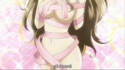  1girl animated animated_gif blush breasts brown_eyes brown_hair long_hair naked_ribbon nogizaka_haruka nogizaka_haruka_no_himitsu ribbon subtitled 