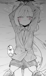  1girl absurdres blue_archive blush collared_shirt formal greyscale hair_between_eyes half-closed_eyes halo hand_under_clothes heart highres ki_no_nekko long_hair long_sleeves looking_at_viewer lying monochrome mutsuki_(blue_archive) mutsuki_(suit)_(blue_archive) naughty_face necktie official_alternate_costume on_back on_bed out_of_frame shirt shorts solo_focus spoken_heart spoken_sound_effect spot_color spread_pussy_under_clothes suit very_long_hair  rating:Questionable score:42 user:danbooru