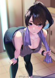 1girl absurdres artist_name bare_shoulders bent_over black_hair black_sports_bra blue_shorts blush breasts cleavage collarbone commentary_request dolphin_shorts grey_tank_top highres kagematsuri large_breasts leaning_forward long_hair looking_at_viewer mole mole_on_breast original pants parted_lips ponytail purple_eyes shorts sports_bra sweat tank_top thighs towel twitter_username wristband yoga_pants rating:Sensitive score:118 user:danbooru