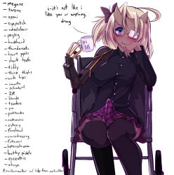  1girl ahoge asymmetrical_breasts black_thighhighs blonde_hair blue_eyes blush bow breasts bulge commentary composite cup cyborg dark-skinned_female dark_skin english_text erection erection_under_clothes eyepatch futanari glasses hair_bow head_rest heart heart-shaped_pupils horns huge_ahoge large_breasts looking_at_viewer maullarmaullar mechanical_arms mug one_side_up original plaid plaid_skirt prosthesis prosthetic_arm semi-rimless_eyewear sharp_teeth single_mechanical_arm sitting skirt solo speech_bubble symbol-shaped_pupils teeth text_focus thighhighs too_many tsundere ultimate_moe under-rim_eyewear wheelchair wide_hips 