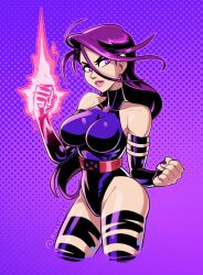  1girl breasts cameltoe clenched_hands elbow_gloves energy energy_sword gloves highleg highleg_leotard large_breasts leotard looking_to_the_side marvel mike_luckas psychic psylocke purple_background purple_eyes purple_hair revealing_clothes shiny_clothes shiny_skin skin_tight standing sword thighs thong_leotard twitter_username weapon wedgie x-men 