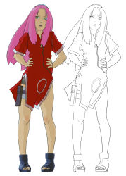  1girl bandages bike_shorts blue_footwear blush character_sheet dress flat_chest full_body green_eyes hands_on_own_hips haruno_sakura headband headdress holster long_hair looking_to_the_side melonex naruto naruto_(series) open_mouth pigeon-toed pink_hair pocket red_dress shoes short_shorts short_sleeves shorts side_slit simple_background sketch solo spandex standing thigh_holster thigh_strap toeless_footwear toes white_background zipper  rating:Sensitive score:25 user:nyuuuuuuu