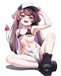  1girl animal_ears armpits artist_request baseball_cap bikini blush boots breasts brown_eyes brown_hair collarbone demon_tail dog_ears dog_tail hat inukai_purin looking_at_viewer navel pointy_ears shorts sitting small_breasts smile solo swimsuit tail tsunderia unbuttoned virtual_youtuber white_background 