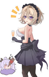  2girls ahoge alcohol azur_lane beer_bottle black_gloves black_pantyhose black_skirt blonde_hair blush breasts champagne champagne_flute chibi chibi_inset commentary_request cup drinking drinking_glass feet_out_of_frame gloves hair_between_eyes headdress high-waist_skirt highres laffey_(azur_lane) large_breasts long_bangs looking_at_viewer looking_to_the_side multiple_girls notice_lines official_alternate_costume open_mouth pantyhose purple_eyes shiro_beer short_hair simple_background skirt smile white_background z23_(azur_lane) z23_(the_banquet&#039;s_honor_student)_(azur_lane)  rating:Sensitive score:8 user:danbooru