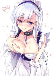 1girl :q apron azur_lane bare_shoulders belfast_(azur_lane) blush braid breasts chain cleavage collar collarbone commentary_request cowboy_shot elbow_gloves artistic_error french_braid gloves grabbing_own_breast hair_over_one_eye hand_on_own_chest heart heart-shaped_pupils highres ikura_nagisa large_breasts leaning_forward long_hair looking_at_viewer maid maid_apron maid_headdress purple_eyes simple_background smile solo sweat symbol-shaped_pupils tongue tongue_out very_long_hair white_background white_gloves white_hair rating:Sensitive score:28 user:danbooru