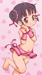  1girl barefoot black_eyes black_hair blush cleft_of_venus closed_mouth commentary_request double_bun feet female_focus flat_chest groin hair_bun heart heart_background highres lasto loli looking_at_viewer navel nipples no_panties original own_hands_clasped own_hands_together pink_background pink_ribbon pink_skirt pussy ribbon short_hair skirt smile solo toes uncensored wrist_cuffs  rating:Explicit score:74 user:danbooru