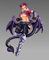  1girl abs absurdres alp_(monster_girl_encyclopedia) alternate_costume alternate_hairstyle angry armor belt blue_eyes blush breasts clothing_cutout commentary_request demon_girl demon_horns demon_tail demon_wings denim fur_trim genderswap genderswap_(mtf) gloves greaves highres horns jeans large_breasts looking_at_viewer monster_girl monster_girl_encyclopedia muscular muscular_female pants pointy_ears red_hair short_hair simple_background solo tail tail_ornament thigh_strap udetamago underboob vest wings  rating:Sensitive score:14 user:EurobeatFan