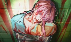  1boy blood blood_drip blood_on_chest blood_on_face blood_on_neck blood_on_wall blue_shirt bound bound_torso ear_piercing from_above head_tilt heterochromia long_hair looking_at_viewer male_focus nosebleed open_clothes open_shirt parted_lips piercing pink_hair pocopooo red_eyes sanzu_haruchiyo scar scar_on_face shirt smirk solo tape tape_bondage teeth tile_wall tiles tokyo_revengers upper_body 