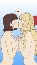  2girls blonde_hair blush bow breast_press breasts brown_hair claire_francois closed_eyes commission completely_nude drill_hair drill_sidelocks facing_another french_kiss hair_bow heart highres holding_hands kimdrake312 kiss large_breasts long_hair multiple_girls nude pixiv_commission rae_taylor red_bow short_hair sidelocks spoken_heart symmetrical_docking watashi_no_oshi_wa_akuyaku_reijou yuri 