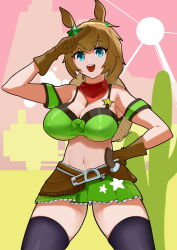  1girl absurdres animal_ears aqua_eyes arm_strap armpits bandana bare_shoulders blush breasts brown_gloves brown_hair cactus cleavage commentary_request cowboy_hat cowboy_shot desert gloves gradient_background green_skirt grin groin hair_between_eyes hair_ornament hand_on_own_hip hat highres holster horse_ears horse_girl horse_tail large_breasts linea_alba looking_at_viewer medium_hair midriff navel one_eye_closed open_mouth outdoors ponytail red_bandana salute skirt smile sun taiki_shuttle_(umamusume) tail two-finger_salute two-tone_background umamusume upper_body weapon zhaod 