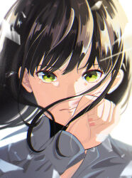  1girl blush brown_hair chromatic_aberration closed_mouth eyelashes fingernails flying_teardrops green_eyes grey_shirt highres light_particles long_hair long_sleeves looking_at_viewer miko35 original portrait shirt solo tears white_background wiping_tears 