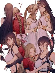  2girls aerith_gainsborough aerith_gainsborough_(loveless_dress) alternate_hairstyle bare_shoulders black_bra black_gloves bra bracer braid braided_ponytail breasts choker circlet closed_eyes crop_top cropped_jacket crown dress elbow_gloves facing_away final_fantasy final_fantasy_vii final_fantasy_vii_rebirth final_fantasy_vii_remake fingerless_gloves flower_choker forehead-to-forehead gloves hair_ribbon hair_tie heads_together heart highres holding_hands hug hug_from_behind jacket large_breasts light_blush long_dress long_hair low-tied_long_hair midriff multiple_girls multiple_views official_alternate_costume parted_bangs parted_lips pink_dress pink_ribbon princess_rosa_costume red_eyes red_jacket ribbon sera_(serappi) shirt short_sleeves sidelocks single_braid sleeveless sleeveless_dress sports_bra suspenders tifa_lockhart tifa_lockhart_(loveless_dress) underwear upper_body wavy_hair white_background white_dress white_shirt yuri 