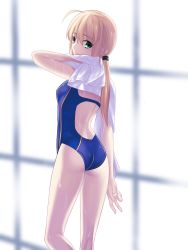 1girl ahoge artoria_pendragon_(all) artoria_pendragon_(fate) berrykanry blonde_hair blue_one-piece_swimsuit competition_swimsuit fate/stay_night fate_(series) from_behind green_eyes hair_between_eyes hair_ornament highres long_hair looking_at_viewer looking_back official_alternate_costume one-piece_swimsuit ponytail saber_(fate) saber_(summer_battle_clothes)_(fate) solo standing swimsuit towel rating:Sensitive score:8 user:danbooru