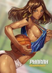 1girl alternate_costume ball bare_arms bare_shoulders basketball basketball_(object) basketball_uniform breasts brown_eyes brown_hair character_name clothes_pull crop_top crop_top_overhang dark-skinned_female dark_skin dutch_angle eye_of_horus facial_mark facial_tattoo from_side hair_tubes holding holding_ball large_breasts lips long_hair looking_at_viewer midriff no_bra overwatch overwatch_1 parted_lips pharah_(overwatch) shiny_skin shirt_pull sideboob solo sportswear tank_top tattoo toned whistlerx rating:Sensitive score:90 user:danbooru