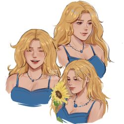  1girl artofcharlene blonde_hair blue_camisole blue_eyes breasts camisole cleavage closed_eyes flower haley_(stardew_valley) highres holding holding_flower jewelry laughing long_hair multiple_views necklace smile stardew_valley sunflower teeth upper_teeth_only white_background 