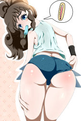 10s 1girl ass bad_id bad_pixiv_id bare_shoulders blue_eyes blush brown_hair creatures_(company) food game_freak highres hilda_(pokemon) hot huge_ass long_hair looking_at_viewer looking_back looking_down mouth_hold nintendo patterned pokemon pokemon_bw ponytail popsicle solo speech_bubble thermometer thigh_gap trefoil yang_meiling rating:Questionable score:175 user:leejunne