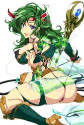  1990s_(style) 1girl anal_hair ass belt blue_eyes breasts bridal_gauntlets covered_erect_nipples female_focus female_pubic_hair final_fantasy final_fantasy_iv green_hair green_nails hair_ornament jewelry large_breasts long_hair looking_at_viewer looking_back nail_polish panties panty_lift pubic_hair pubic_hair_peek pussy_juice retro_artstyle rydia_(ff4) side_shape sitting solo staff stray_pubic_hair thong underwear wariza wedgie whip 