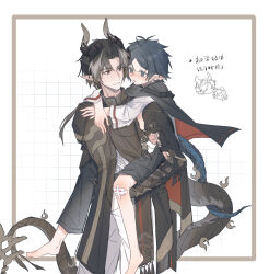  2boys absurdres aged_down arknights bandaged_arm bandages barefoot bieshi black_cape blue_eyes blue_hair blush border brown_coat brown_hair cape carrying chong_yue_(arknights) coat commentary dragon_boy dragon_horns dragon_tail embarrassed english_commentary full_body grey_pants highres horns long_hair long_sleeves looking_at_viewer multiple_boys pants pants_rolled_up piggyback pointy_ears red_cape red_eyes shirt short_hair simple_background tail translation_request two-sided_fabric white_background white_pants white_shirt zuo_le_(arknights) 