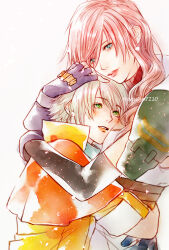 1boy 1girl azuiyo7210 black_sleeves commentary_request couple detached_sleeves final_fantasy final_fantasy_xiii fingerless_gloves gloves green_eyes grey_hair hair_between_eyes hair_over_shoulder hand_on_another&#039;s_head heads_together highres hope_estheim hug light_blush lightning_farron lips long_hair parted_lips pink_hair purple_gloves red_lips short_hair shoulder_pads sleeveless sleeveless_jacket sweater turtleneck turtleneck_sweater twitter_username upper_body 