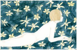  ass bob_cut breasts brown_eyes brown_hair colored_skin completely_nude flat_ass floral_background flower green_background kishi_takuya lying nude on_stomach original painting_(medium) pale_skin petite profile sideboob skinny small_breasts traditional_media watercolor_(medium) white_skin yellow_flower 