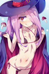  10s 1girl :q bare_shoulders bikini black_bikini blush breasts cameltoe cape cleft_of_venus collarbone commentary_request covered_erect_nipples cowboy_shot hair_over_one_eye hat little_witch_academia loli long_hair looking_at_viewer micro_bikini mushroom navel purple_hair red_eyes shiny_skin side-tie_bikini_bottom skindentation small_breasts smile solo sucy_manbavaran swimsuit tongue tongue_out toraishi_666 trigger_(company) witch witch_hat yellow_pupils  rating:Questionable score:129 user:danbooru